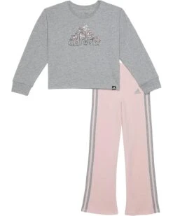 adidas Kids Long Sleeve Graphic Heather Tee Flare Pant Set (Toddler/Little Kid) | Kids' Sets